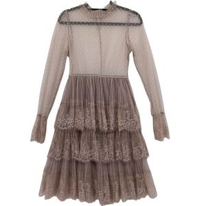BooHoo Midi Long Sleeve Dress Tule Tiered Size 8 Tan Lace Sheer Romantic